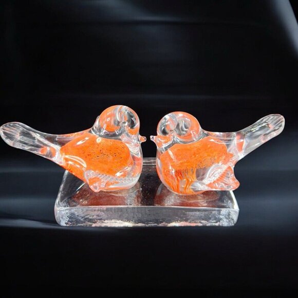Vintage Murano ICET Hand Blown Glass Love Birds On Clear Block Sculpture Orange - Picture 1 of 14